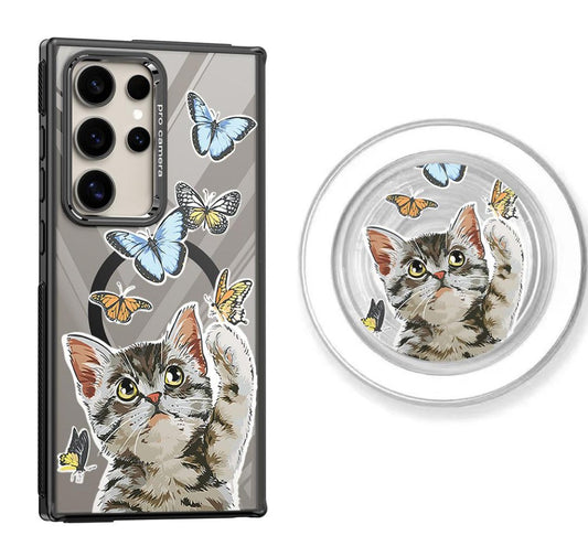 Kitty touching Butterfly Design Magnetic Samsung Galaxy Case